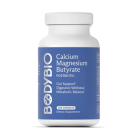 Bottle of bodybio calcium magnesium butyrate supplement 100 count on a white background. Prebiotic gut support.