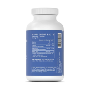 Back of bottle of bodybio calcium magnesium butyrate 250 capsule supplement. Includes supplement facts.