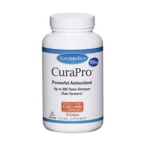 Bottle of euromedica curapro 750mg, 120 count supplement bottle with turmeric on a white background