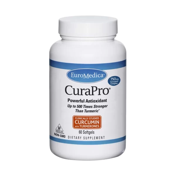 Bottle of EuroMedica CuraPro 750mg, 120 count supplement bottle with turmeric on a white background