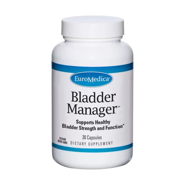 Bottle of EuroMedica Bladder Manager supplement on white background.