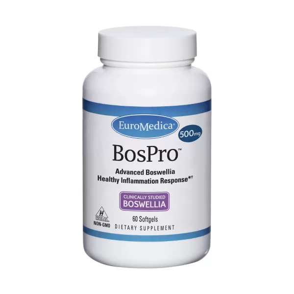 Bottle of EuroMedica BosPro 500 mg Boswellia supplement on a white background
