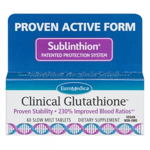 Box of euromedica clinical glutathione 60 slow melt tablets on a white background