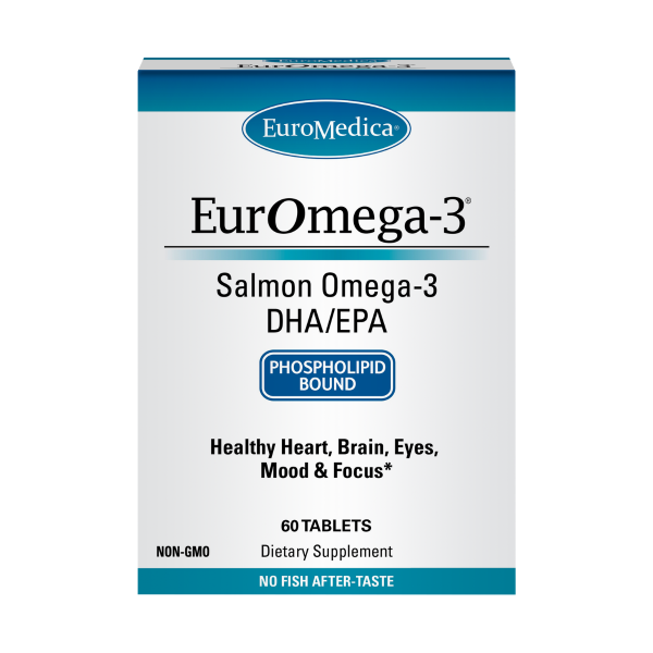 Box of EuroMedica EurOmega-3, Omega-3 from Salmon both DHA and EPA.