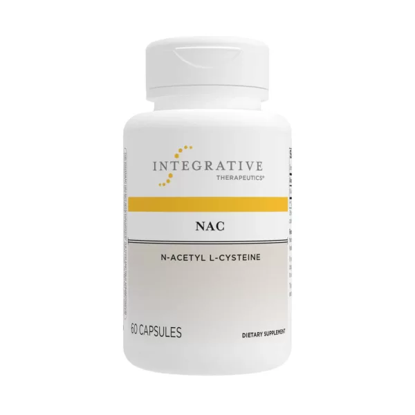 Bottle of Integrative Therapeutics NAC (N-Acetyl L-Cysteine) supplement 60 capsules on a white background