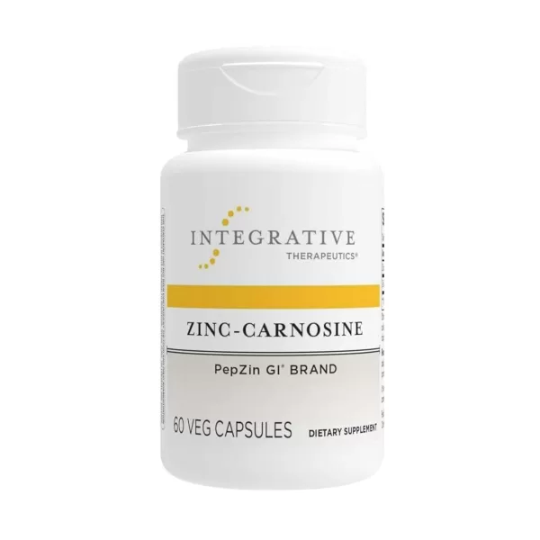 Bottle of Integrative Therapeutics Zinc-Carnosine supplement 60 capsules on a white background