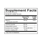 Supplement facts label for ortho molecular products natural d-hist. Includes vitamin c, quercetin dihydrate, stinging nettle, bromelain, and n-acetyl l-cysteine usp.