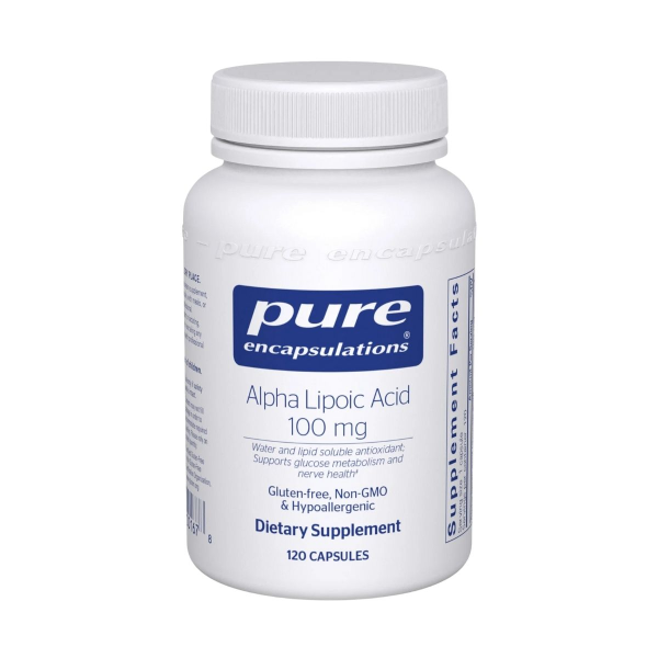 Bottle of Pure Encapsulations Alpha Lipoic Acid, 100 mg, 120 capsules.