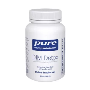 Bottle of pure encapsulations dim detox supplement 60 capsules on a white background
