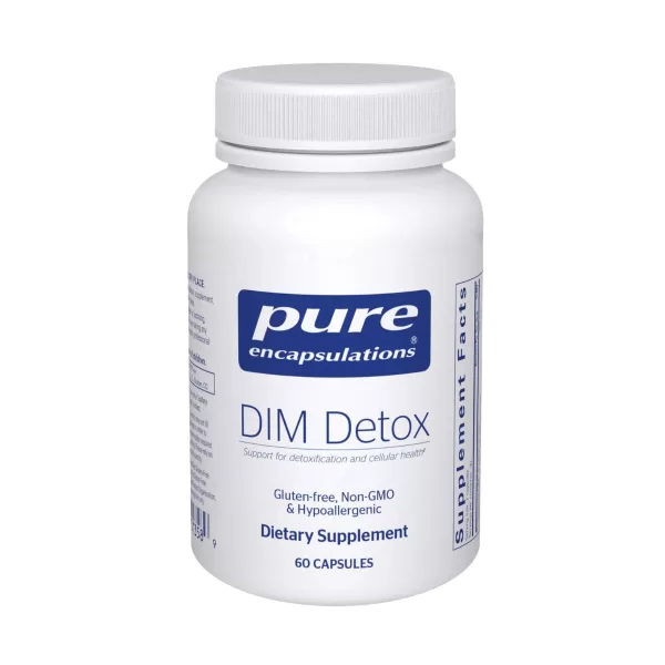 Bottle of Pure Encapsulations DIM Detox supplement 60 capsules on a white background