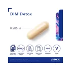 Example of capsule of pure encapsulations dim detox supplement showing it is just under 1 inch long. Includes symbols noting the supplement is certified gluten-free, free from gmos, free from soy, free from dairy, vegetarian, and vegan.