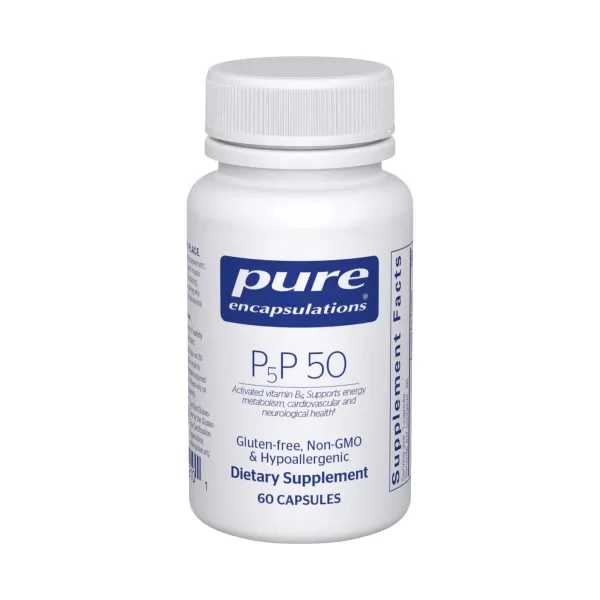 Bottle of Pure Encapsulations P5P 50 supplement on a white background