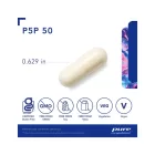 Example of a capsule of pure encapsulations p5p 50 supplement. Includes symbols noting the supplement is certified gluten-free, free from gmos, free from soy, free from dairy, vegetarian, and vegan.