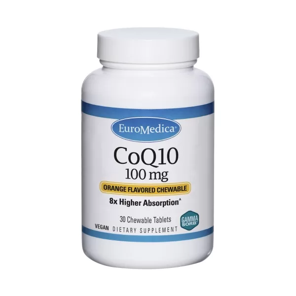 Bottle of Euromedica 100 mg CoQ10 30 orange flavor chewable tablets on a white background.