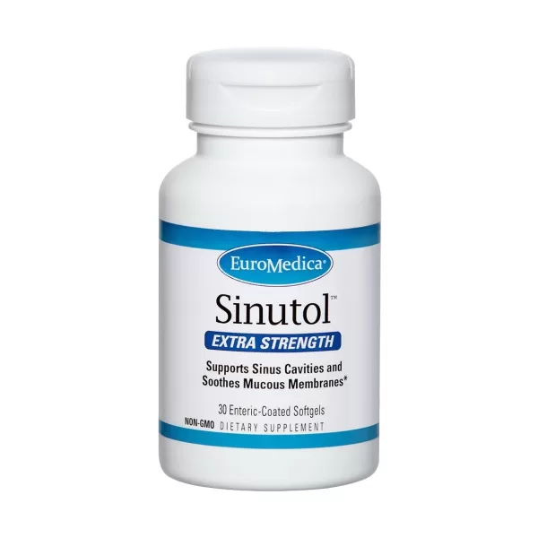 Bottle of Euromedica Sinutol Extra Strength supplement on a white background
