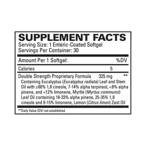 Supplement facts for euromedica sinutal extra strength supplement. 1 softgel contains 325mg of double strength proprietary formula. 30 servings.