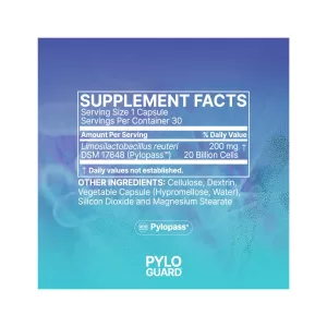 Supplement facts label for microbiome labs pyloguard postbiotic supplement containing 200 mg of a patented form of patented lactobacillus reuteri dsm17648.