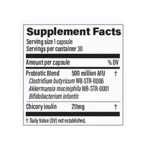 Supplement facts label for pendulum glp-1 probiotic pro with a probiotic blend of 500 million afu including clostridium, akkermansia, and bifidobacerum as well as 211mg of chicory inulin.