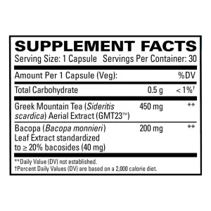 Supplement facts for cognitive health plus. This information is provided in on page text located in the sections labeled "ingredients" and "suggested use".
