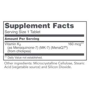 Supplement facts label for protocol for life balance mk-7 vitamin k2. Label states: serving size 1 tablet. Amount per serving- vitamin k2 (as menaquinone-7) (mk-7) (menaq7®) (from chickpea) 160 mcg. Daily value not established. Other ingredients: microcrystalline cellulose, stearic acid (vegetable source) and silicon dioxide.