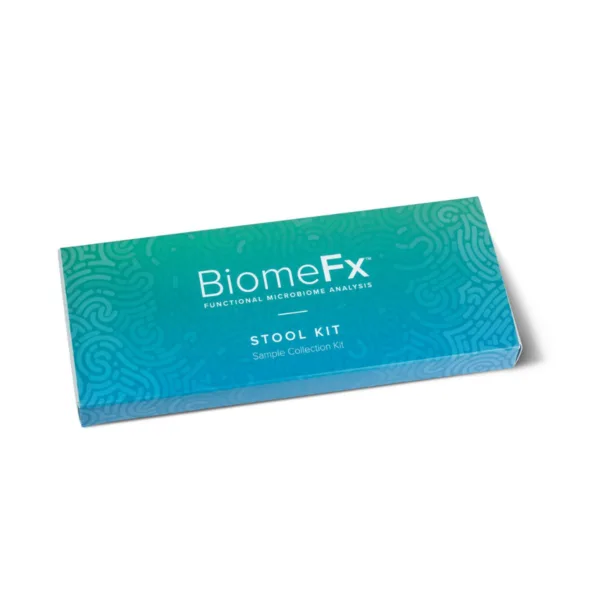 BiomeFX stool sample collection kit for gut microbiome analysis packaging on a white background