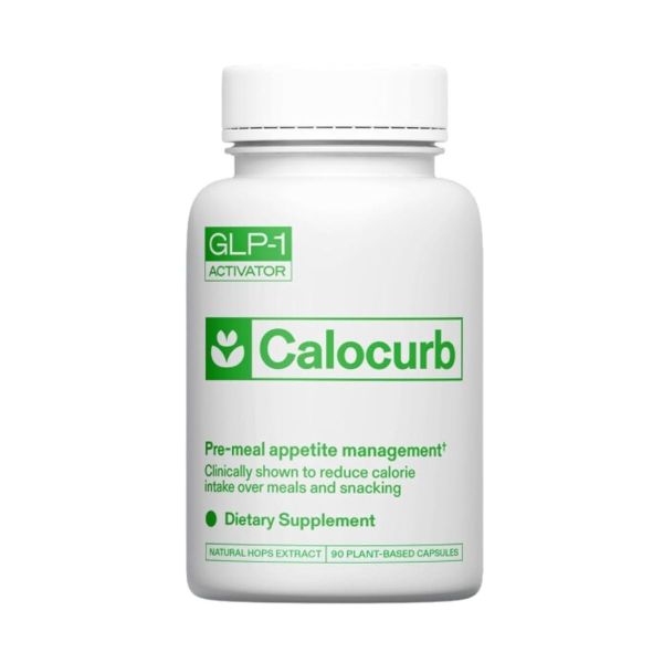 Bottle of Calocurb GLP-1 activator Amarasate appetite control on a white background