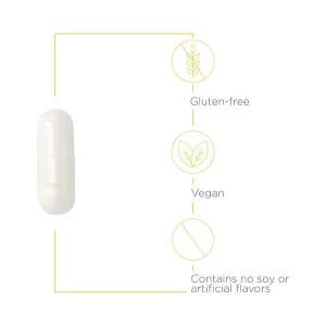 Example of capsule of integrative therapeutices l-theanine with text about special dietary notes including gluten-free, vegan, and contains no soy or artificial flavors.