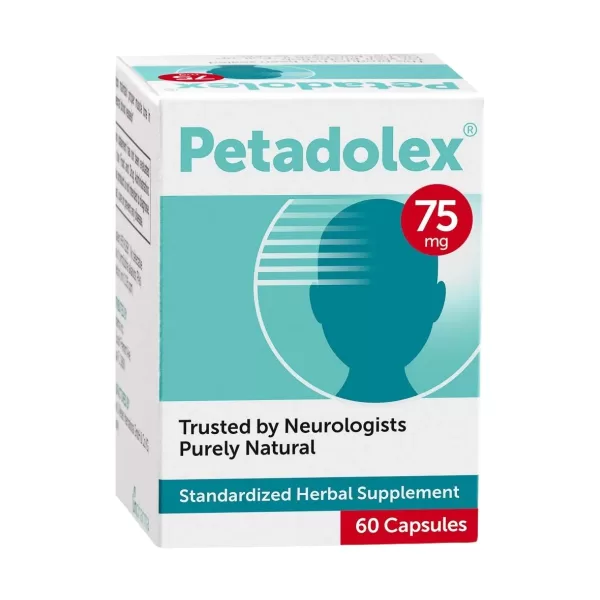 Box of Petadolex 75 mg butterbur supplement 60 capsules on a white background