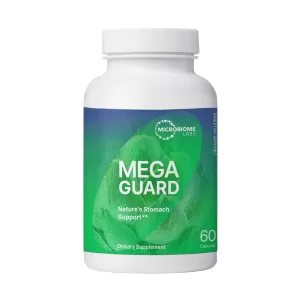 Bottle of microbiome labs mega guard supplement on a white background
