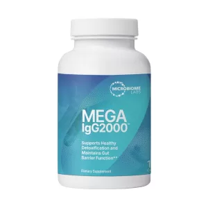 Bottle of microbiome labs mega igg2000 capsules gut barrier support supplement on a white background