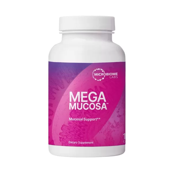 Bottle of Microbiome Labs Mega Mucosa capsules mucosal support supplement on a white background