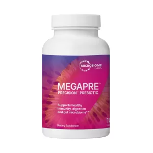 Bottle of microbiome labs megapre capsules precision prebiotic supplement on a white background