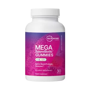Bottle of microbiome labs megasporebiotic gummies for kids probiotic supplement on a white background