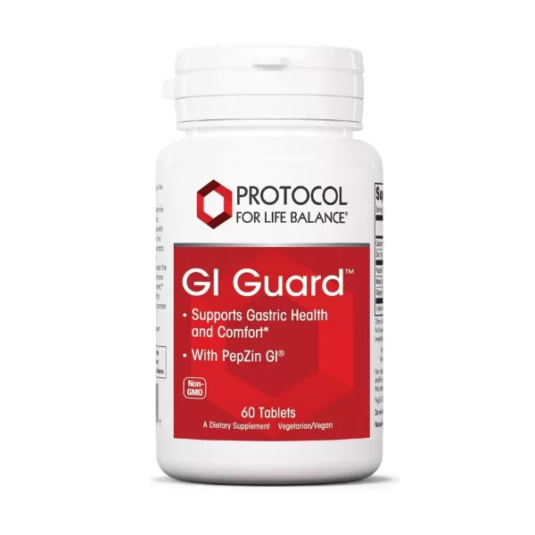 Bottle of Protocol for Life Balance GI Guard supplement for gastric support on a white background