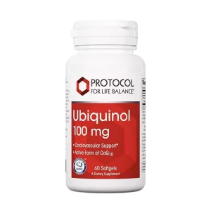 Bottle of protocol for life balance ubiquinol 100 mg 60 softgels on a white background