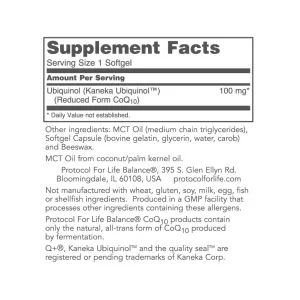 Supplement facts label for protocol for life balance ubiquinol 100 mg 60 softgels