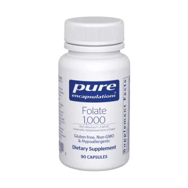 Bottle of Pure Encapsulations Folate 1000 supplement on a white background