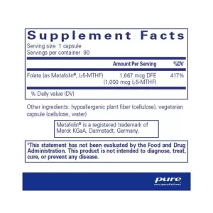Supplement facts for pure encapsulations folate 1000 supplement with folate as metfolin ( 1000 mcg of l-5-mthf).