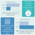 Infographic of results from clinical study of cartigenix. 67% average reduction in pain scores on the womac pain scale. Participants reported noticeable improvements in as little as 15 days. Significant increase in cartilage regeneration biomarkers in 90 days. 50 % average improvement in disatnce walked in a 6-minute walk test after 90 days. †