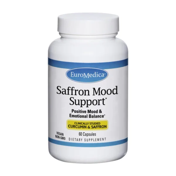 EuroMedica Saffron Mood Support supplement bottle on a white background, featuring clinically tested curcumin and saffron.
