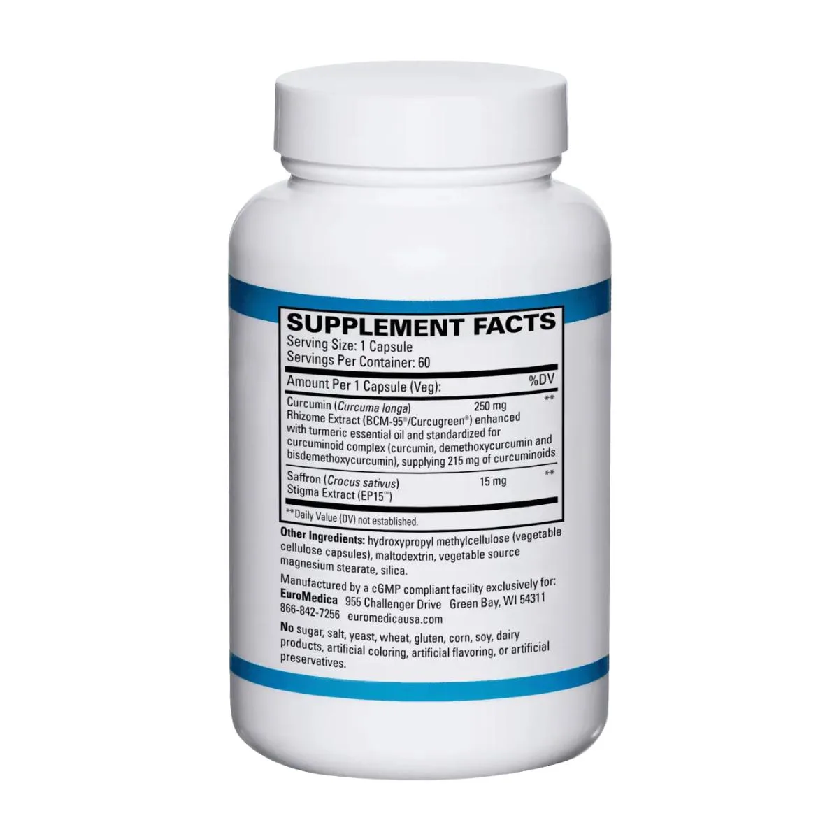 Back view of EuroMedica Saffron Mood Support bottle on a white background, showing the Supplement Facts and ingredient list.