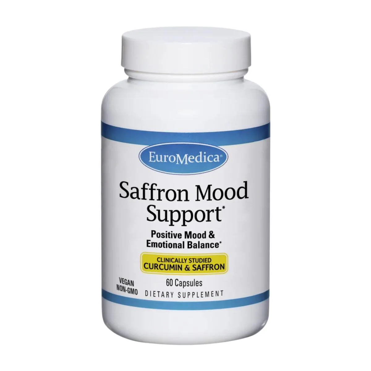 euromedica-saffron-mood-support-supplement-bottle Euromedica saffron mood support supplement bottle on a white background, featuring clinically tested curcumin and saffron.