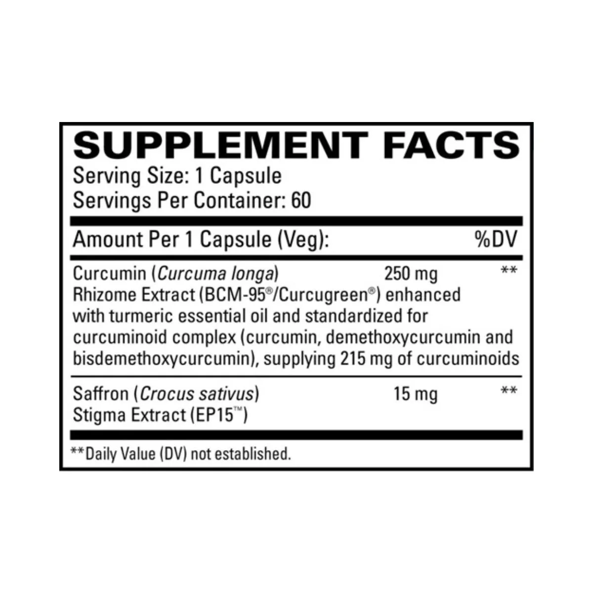 Supplement Facts for Saffron Mood Support: Serving size 1 capsule. Includes 250mg Curcumin complex (BCM-95) and 15mg Saffron extract (EP15).